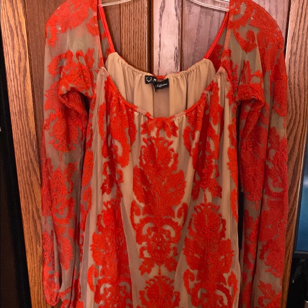 For Love And Lemons Red and Tan Long Sleeve Dress Lace Off the Shoulders